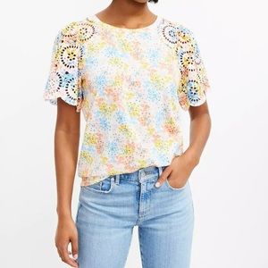 NWT LOFT Petite Hydrangea Eyelet Flutter Sleeve Tee